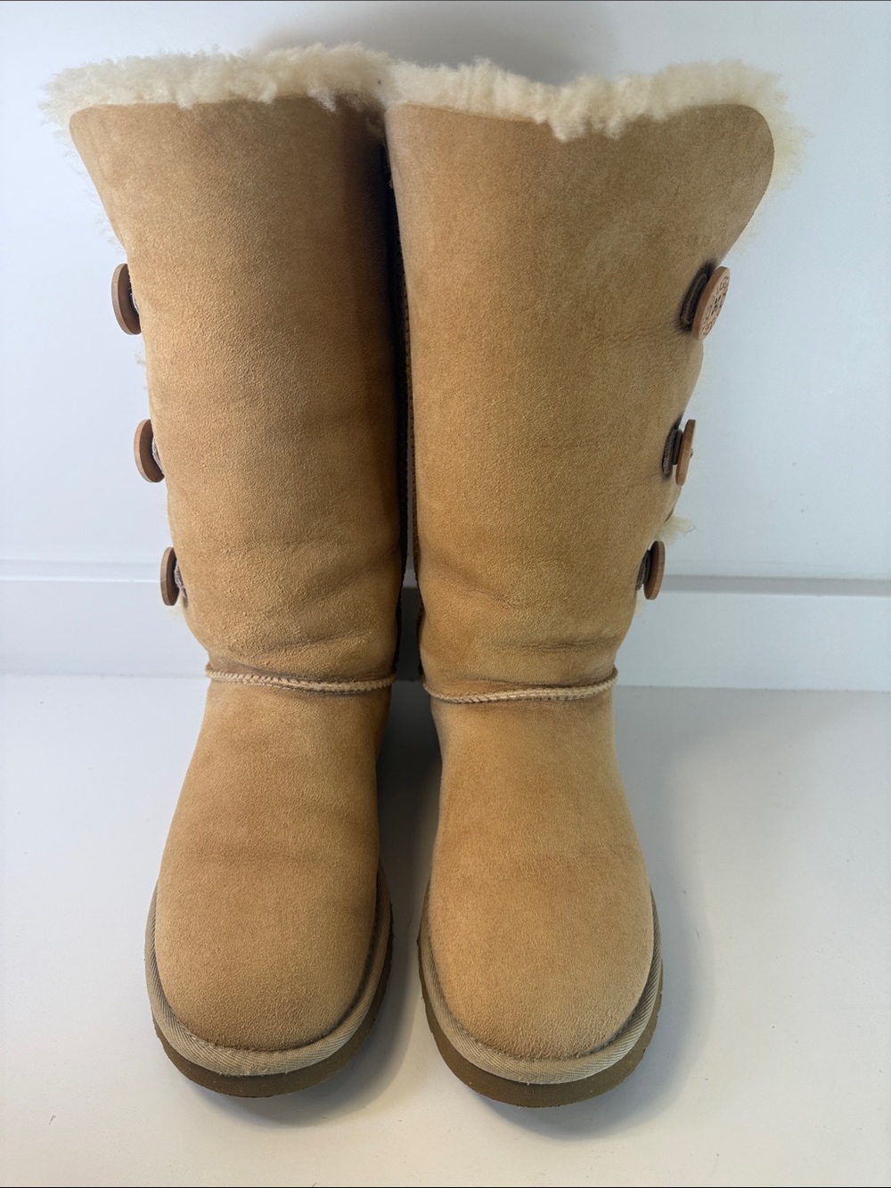 UGG Sand Bailey Button Triplet Shearling Suede Boots - Size 9